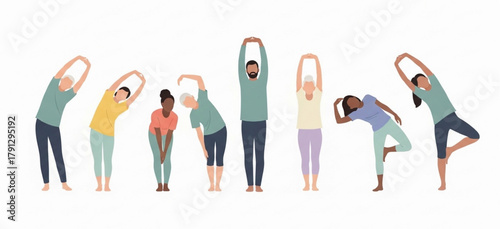An illustration depicting a diverse group of men and women of various ages and ethnicities performing stretching and light yoga exercises on a white background.