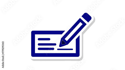 Vector illustration of blue icon of a check or bank slip being written on with a pencil on a transparent background