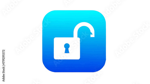 Vector illustration of white padlock icon in an unlocked state with a blue gradient background on a transparent background