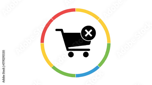 Vector illustration of shopping cart icon with a cross symbol inside a colorful circle on a transparent background
