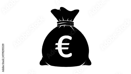 Vector illustration of black silhouette of a money bag with a euro symbol on a transparent background
