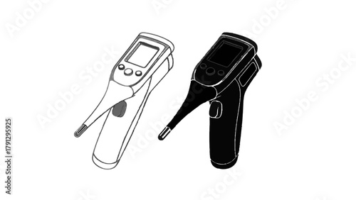 Vector illustration of two digital thermometers, one black and one white, on a transparent background