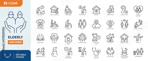 Elderly line editable icon set. featuring icons of various old, senior, Pensioner, grandparents, caregiver, health care, and more. Editable stroke. Vector illustration	