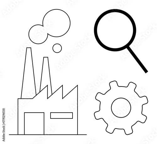 Factory with chimneys alongside magnifying glass and gear. Ideal for industry, research, technology, production, mechanics, analysis, innovation. Clean simple flat metaphor