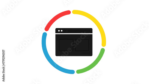 Vector illustration of web browser window icon inside a colorful circle on a transparent background