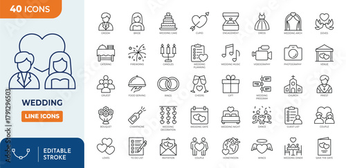 Wedding outline editable icon set. Containing marriage, ceremony, party, love, rings, bouquet, tuxedo, dress, dinner, photo, and more. Editable stroke. Vector illustration	