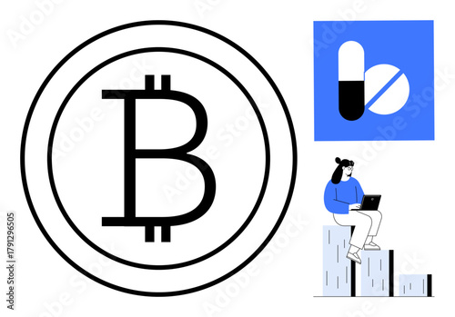 Bitcoin emblem, abstract tech icon, individual analyzing data on bar chart with laptop. Ideal for finance, blockchain, cryptocurrency, investment, modern tech, data economy simple flat metaphor