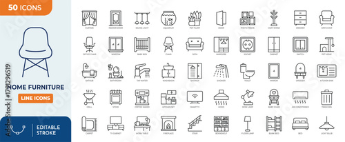 Home furniture outline editable icon set. featuring icons of various home furniture, appiliance, decoration and more. Editable stroke. Vector illustration	
