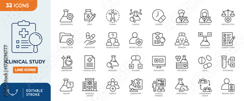 Photos Minimalist Clinical Study outine icons set with editable stroke