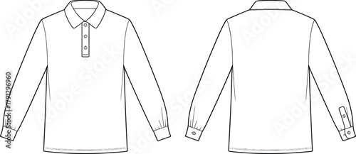 Long sleeve polo shirt technical fashion sketch, front and back flat drawing, garment design template, apparel CAD illustration, cad drawing flat vector illustration