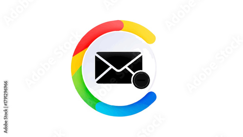 Vector illustration of black envelope icon with a minus sign inside a colorful circular progress bar on a transparent background