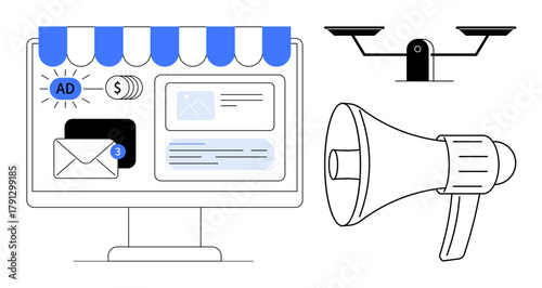 Computer screen with e-commerce interface, email alert, megaphone, and weighing scale. Ideal for marketing, ecommerce, communication, advertising, online sales audience targeting simple flat