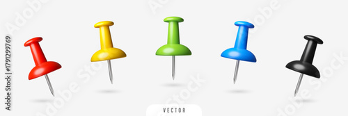 3D plastic push pin set. Realistic office paper thumbtack. Isolated colourful vector design elements
