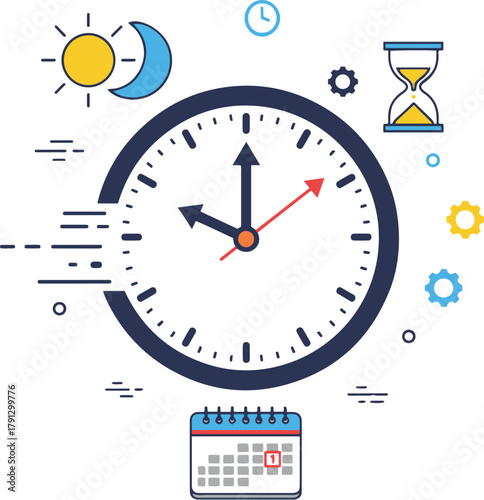 a large clock representing the passage of time, surrounded by icons like a sun and moon, hourglass, calendar, and gears.