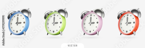 Alarm clock 3D set. Retro realistic icons. Isolated vector design elements. For Sale and Limited Time Offer design, deadline, Time-management and business concept. Blue, green, pink and red color