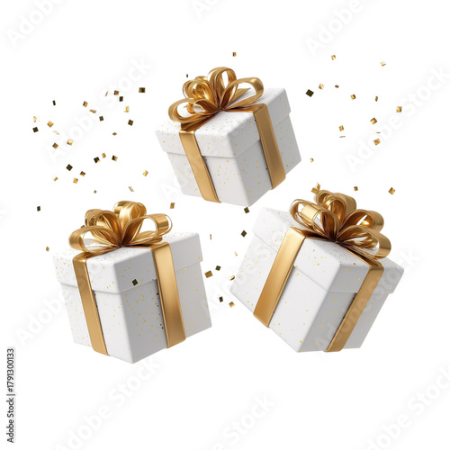 White gift boxes with golden ribbon flying isolated on transparent Or white background 