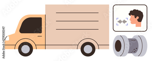 Delivery truck alongside a user interface for voice control and a spool symbolizing automation. Ideal for logistics, AI integration, technology, transportation, delivery system, innovation, smart