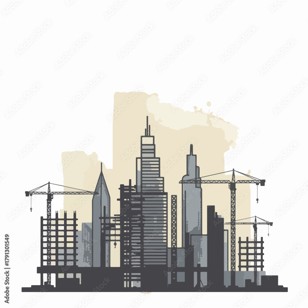 Obraz premium Cityscape construction site with cranes and buildings under development in progress.