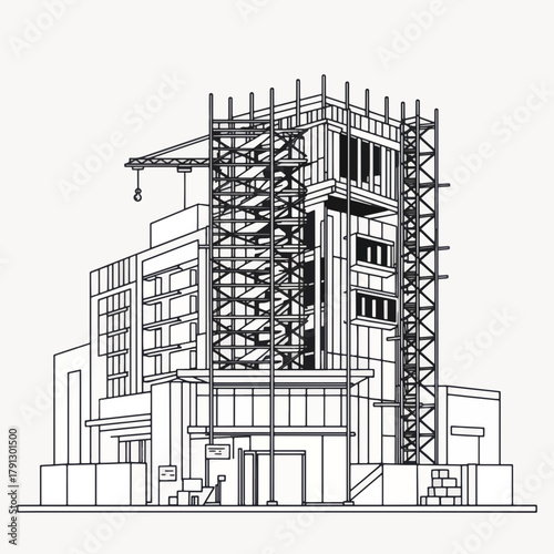Architectural Line Drawing of a Modern Building Under Construction.