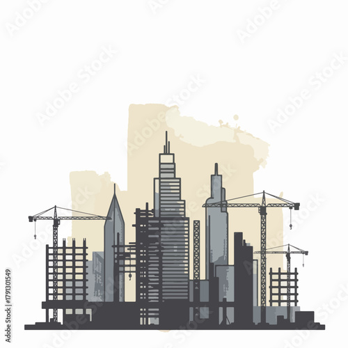 Cityscape construction site with cranes and buildings under development in progress.