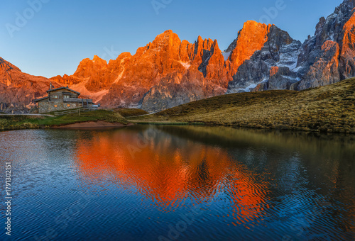 Late autumn scenic landscape of Baita Segantini in Trentino Alto Adige, Pale di San Martino, Italy, Dolomites, Europe	