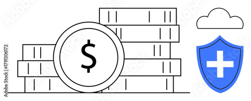 Coin stacks with dollar sign, blue shield with medical cross, and cloud. Ideal for wealth management, financial security, investment, insurance, savings risk coverage healthcare. Simple flat