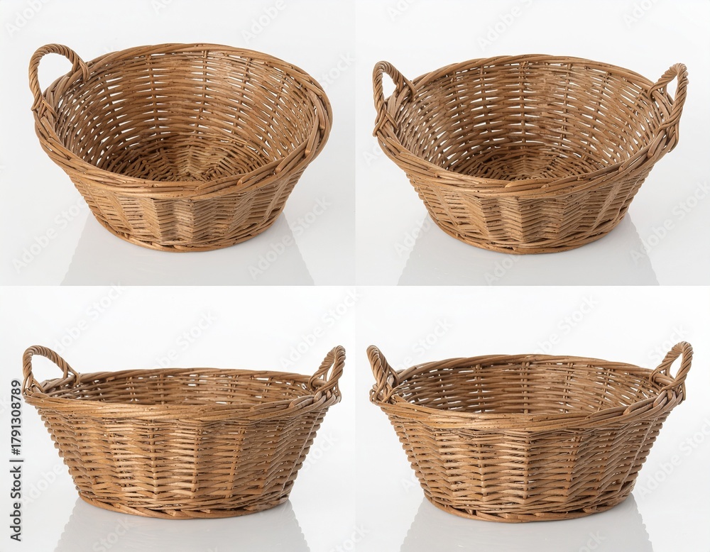 Fototapeta premium Empty wicker baskets with handles on a white reflective background, studio shot