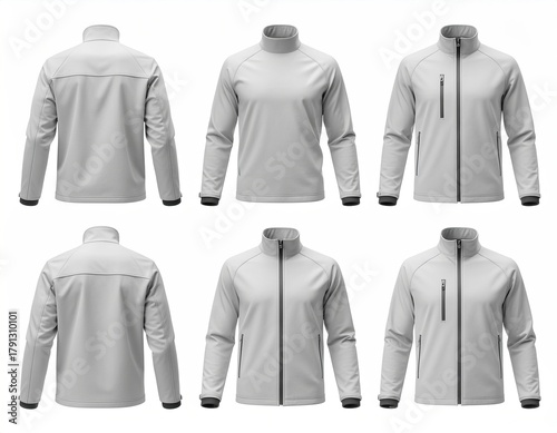 Fototapeta Naklejka Na Ścianę i Meble -  Light grey athletic jacket template with zipper details in multiple views on white background