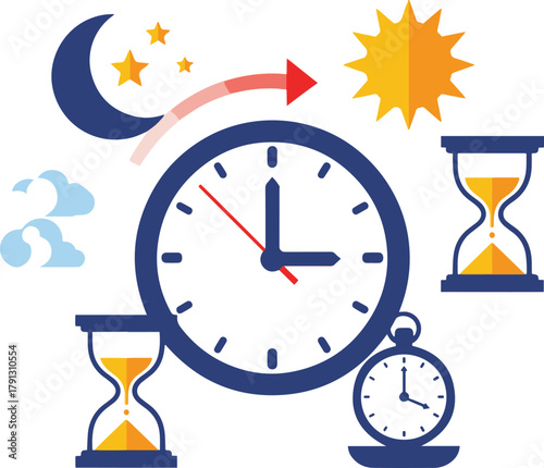a large clock at the center, surrounded by elements like the sun, moon, stars, clouds, and hourglasses, illustrating the passage of time and a shift from night to day.
