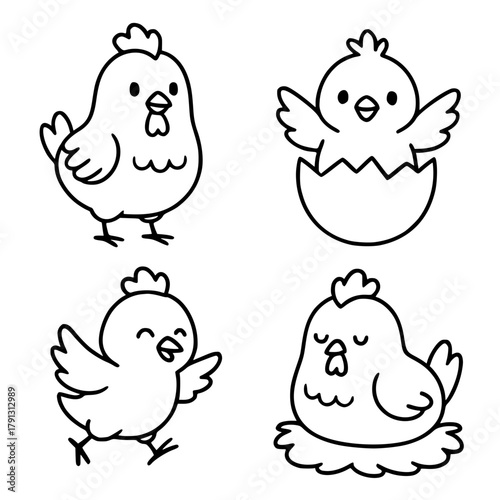 Cartoon characters, 4 cute chicks, outline version