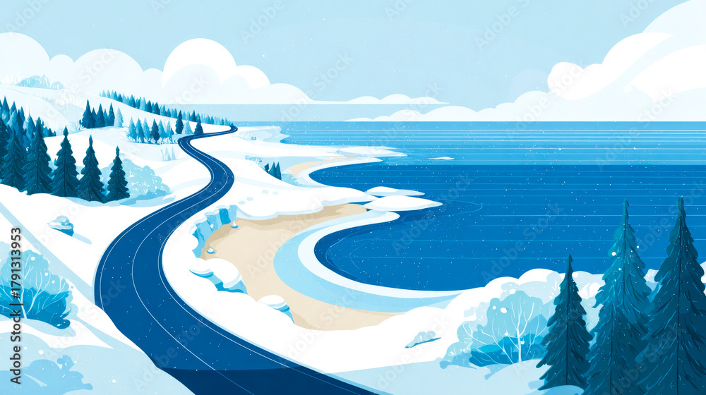 Fototapeta premium Blue winter road along a seaside bay in graphic style. Polar coast.