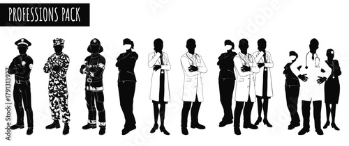 Professionals Silhouette Set: A diverse group of silhouettes representing various professions, capturing the essence of dedication and service in a cohesive, impactful arrangement.