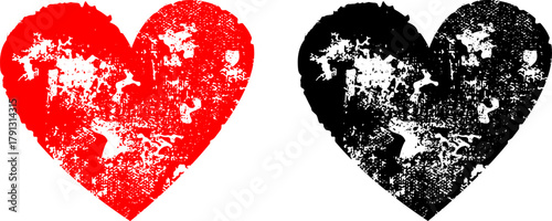 A set of grunge style vector heart icons imitating a distressed stamp impression or a scratched, aged look; perfect for designs related to Valentine's Day, love, emotions, or punk themes.