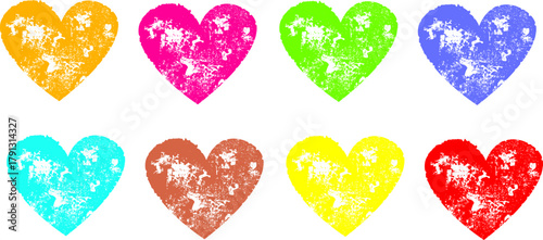 Art & Illustration, A set of grunge style vector heart icons imitating a distressed stamp impression or a scratched, aged look; perfect for designs related to Valentine's Day, love, emotions, or punk 