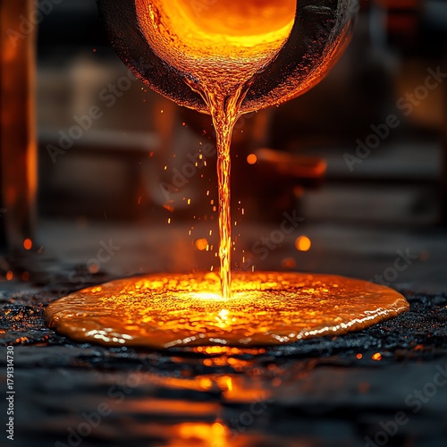 Molten Metal Flowing from Crucible onto Dark Surface in Workshop   high resolution   for isolate image