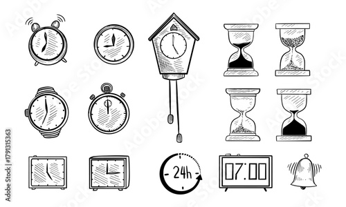 Set of doodle sketch watches. Alarm clocks, sand glasses, stop-watch and other symbols of time. Hand-drawn with ink. Vector illustration.