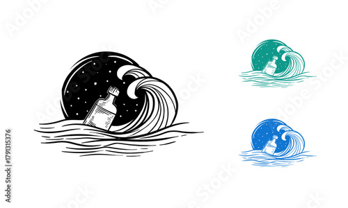 Message in a bottle engraving vector illustration. Scratch board style imitation. Hand drawn image.