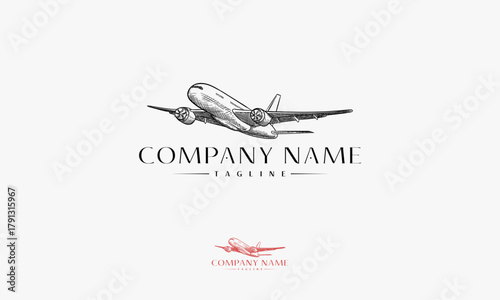 Plane flies Logo Hand drawn, vector sketch illustration. Air travel, tourism flight, plane tickets booking hand drawn isolated design elements