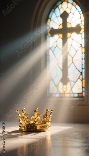 Golden crown in sunlight through cathedral window, divine royalty