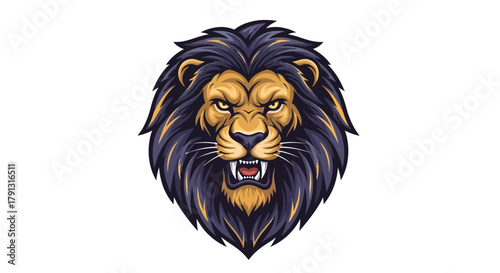 Illustration of a fierce lion head with detailed mane, showing teeth and an intense expression.