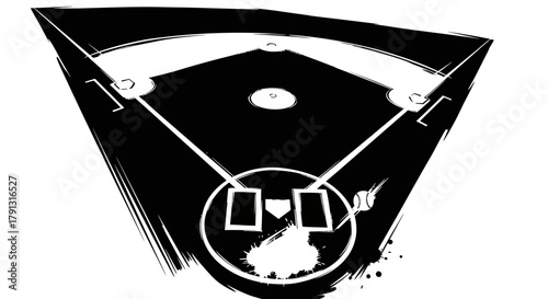 A stylized black and white illustration of a baseball field layout.