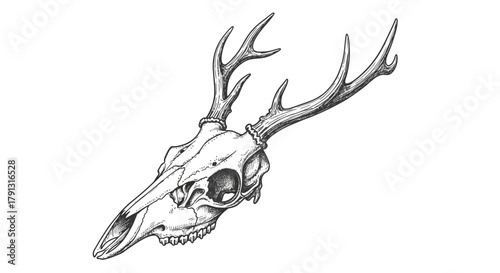 Detailed illustration of a deer skull with antlers, rendered in black and white.