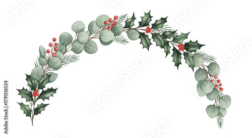 A watercolor illustration of a festive garland with eucalyptus and holly.
