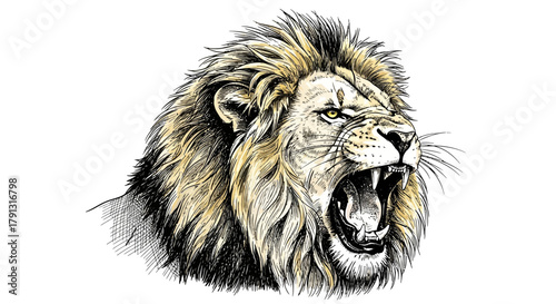 Illustration of a roaring lion's head with a detailed mane, showcasing its teeth and fierce expression.