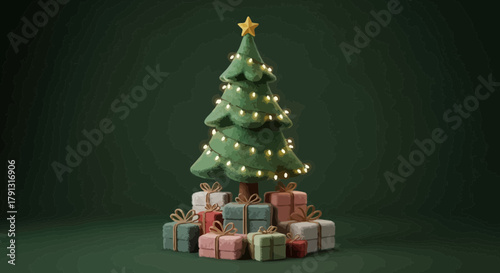 A stylized Christmas tree with a star on top, surrounded by colorful wrapped gifts on a green background.
