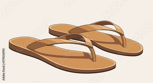 Two brown flip-flops are depicted, side-by-side, against a plain background.