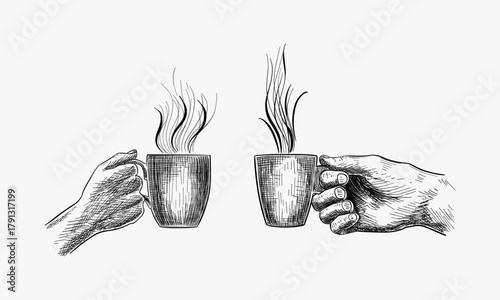Hand holding a cup of tea. Black and white ink illustration, Set of Hand holding a cup of coffee. Ink black and white drawing