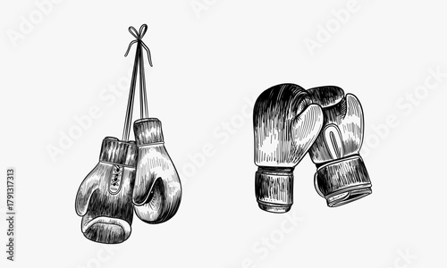 Boxing gloves hanging on the wall. Black and white ink illustration