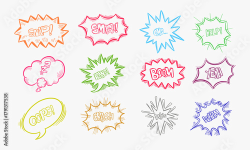 Exclamation clouds sketch and onomatopoeia comic signs, stars for cartoon emotions, bubble with expressions, dialog pop. Wham and crash, zzz and bang, snap and smash, yeah and omg, oops icons