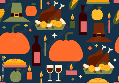 Thanksgiving Day event seamless pattern of vector symbol, design element, sign. Thanksgiving Day design. Pumpkin, wine, pie, hat